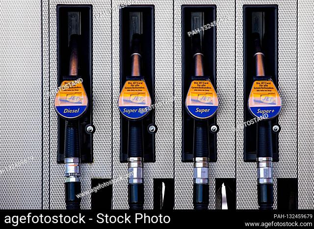 Osnabrueck, Germany May 17th, 2020: Symbols - 2020 petrol pump of a jet petrol station, Diesel, Super E10, Super, Super +, logo, lettering