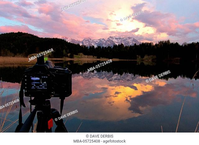 making-of, camera, tripod, sundown, Canon, Geroldsee (lake), Bavaria, Karwendel, Germany