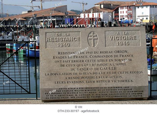 A stone plaque at the Donibane Lohitzun, Old Harbour, St-Jean-de-Luz, France