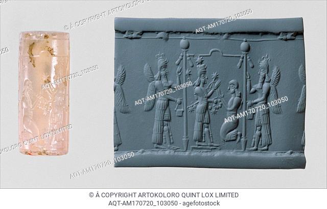 Cylinder seal and modern impression: Ishtar image and a worshiper below a canopy flanked by winged genies, Neo-Assyrian, ca. 8thâ€“7th century B.C