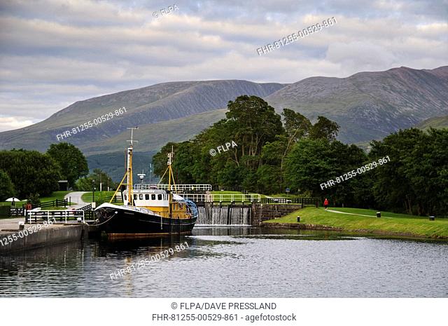 'Ocean Bounty' survey vessel moored beside lockgates at start of canal, Caledonian Canal, Loch Linnhe, Caol, near Fort William, Inverness-shire, Highlands