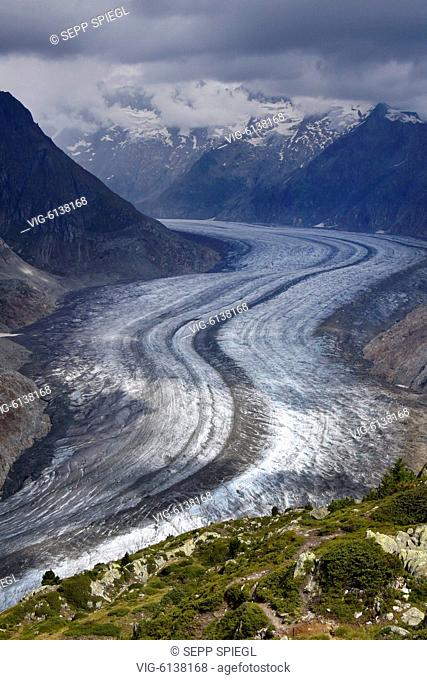 Schweiz, Wallis, 09.08.2018 Der Grosse Aletschgletscher ist der flaechenmaessig groesste und laengste Gletscher der Alpen