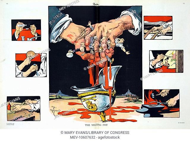 The melting pot. Illustration shows a vignette cartoon with two large hands labeled Militarism and Jingoism at center that are squeezing men labeled Labor and...