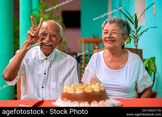 Smiling elderly couple sitting in front of a cake