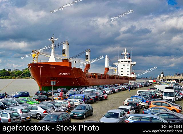 Antwerp, Belgium, May 2012: Qamutik cargo ship or vessel moored on the quay in the city of Antwerp, Belgium