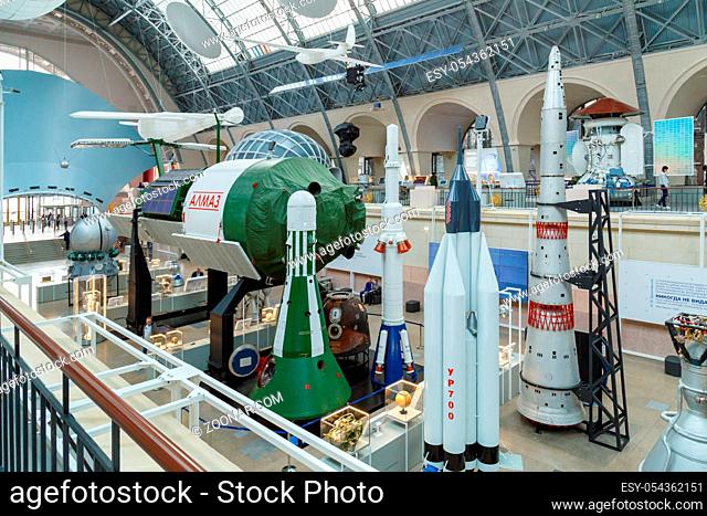 Moscow, Russia - November 28, 2018: Interior of the Space pavilion at VDNH