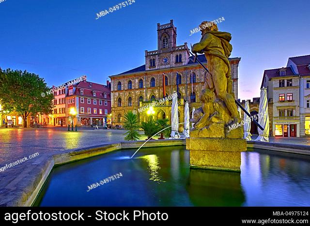 Market with town hall and Neptune Fountain, Weimar, Thuringia, Germany, Europe
