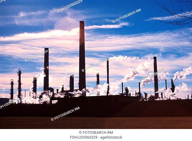 pollution, refinery, smoke, smokestacks, backlit, oil