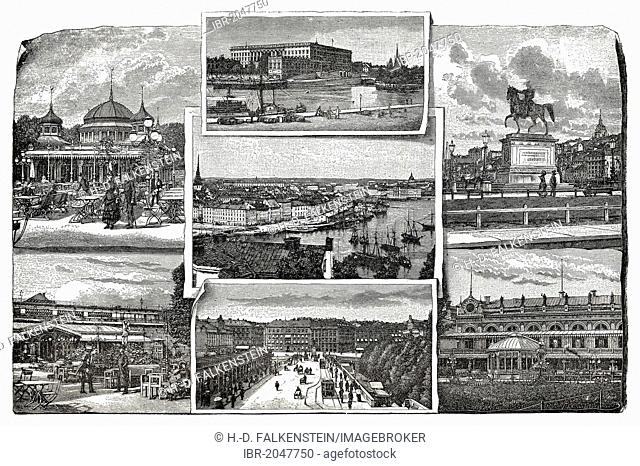 Sights in Stockholm, Sweden, Europe, historic engraving from the 19th century, from book of Solskin Hjemmet I, Ung Og Gammel, Battle Creek, Michigan, 1893
