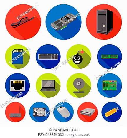 Personal computer flat icons in set collection for design. Equipment and accessories vector symbol stock illustration