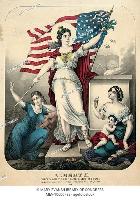 Liberty. Liberty brings to the earth justice and peace. A grand, pro-Union allegorical print, produced as a complimentary Presentation Plate for the...