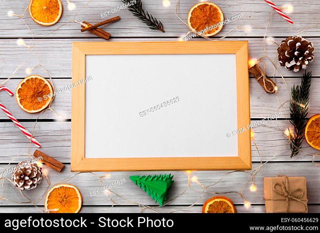 white board, garland and christmas decorations