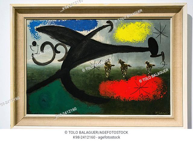 Chevaux en fuite par le vol de l'oiseau-terreur, Joan Miró, 1976, óleo sobre aglomerado, museo Es Baluard, Palma, Majorca, Balearic Islands, Spain