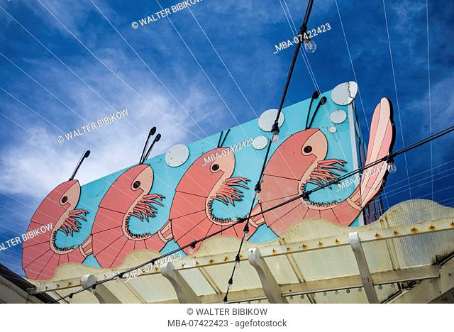USA, New Jersey, The Jersey Shore, Wildwoods, Wildwoods Beach Boardwalk, sign with large shrimp