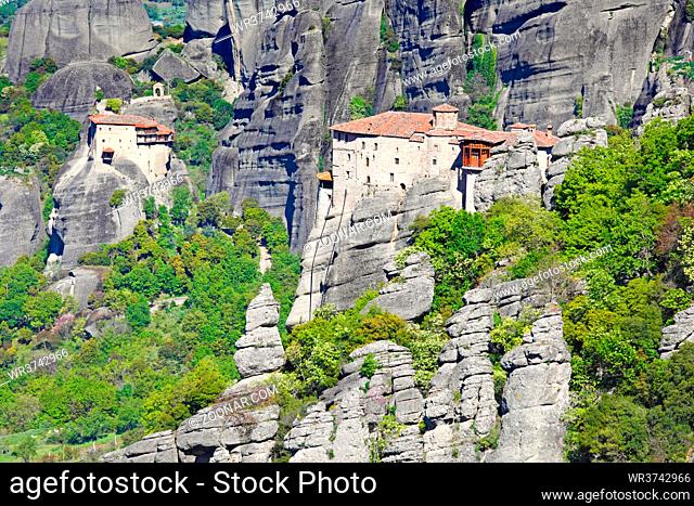 The Roussanou Monastery and St Nicholas Anapafsas Monastery in the Meteora Monastery complex in Greece