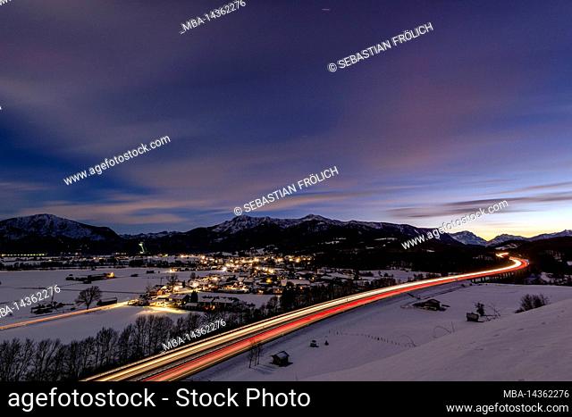 Night shot of the highway with bridge and Zugspitze in the background, just before Garmisch-Partenkirchen