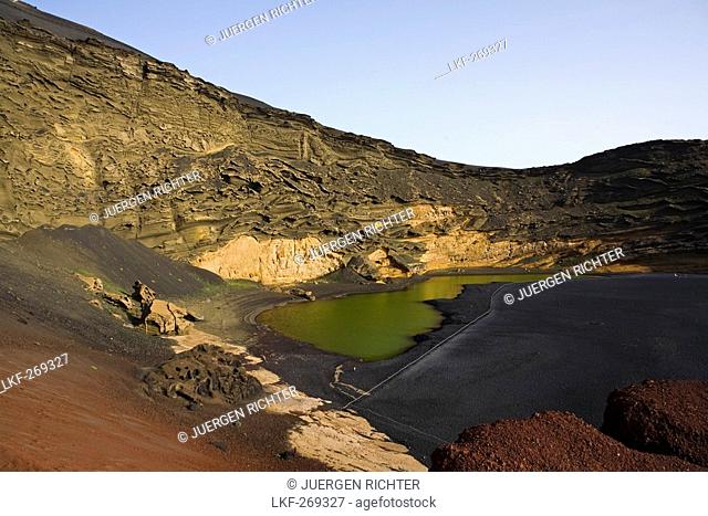 Crater of extinct volcano, Charco de los Clicos, salt water, green colour through phytoplancton, El Golfo, UNESCO Biosphere Reserve, Lanzarote, Canary Islands