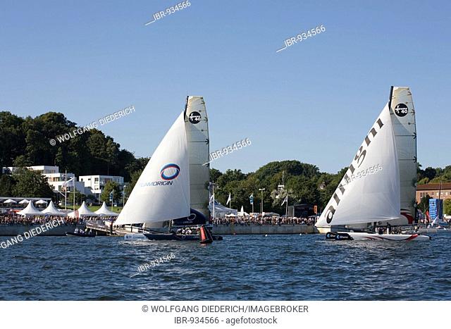 Catamarans, the British TeamOrigin and the Swiss Alinghi in the iShares Cup 2008, Kiel, Baltic Sea, Northern Germany, Europe