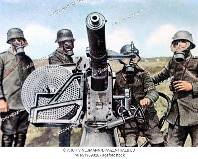The contemporary colorized German propaganda photo shows German soldiers with gas masks standing at a machine anti-aircraft gun (Flugabwehrmaschinengewehr