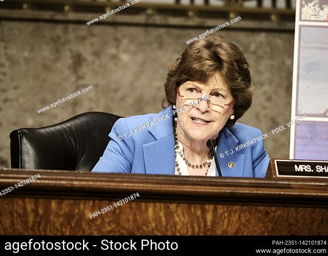 WASHINGTON, DC - APRIL 27, 2021: United States Senator Jeanne Shaheen (Democrat of New Hampshire) speaks about seven women from Afghanistan who were...