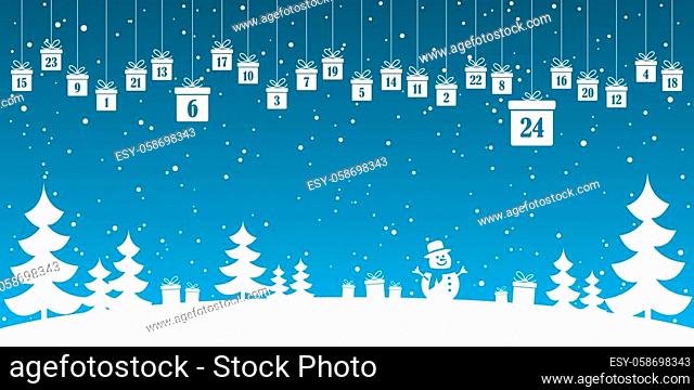 hanging christmas presents colored white with numbers 1 to 24 showing advent calendar for xmas and winter time concepts, blue nature background with fir trees...