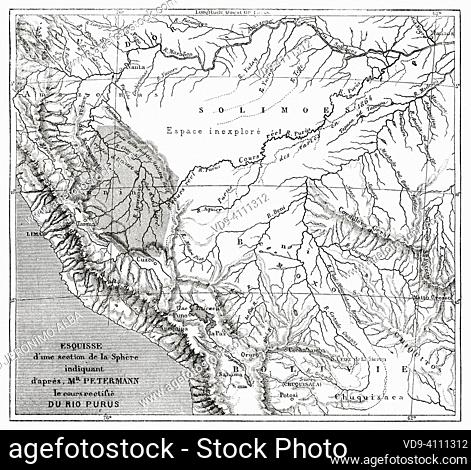 Purus river basin old map. South America. Journey through South America, from the Pacific Ocean to the Atlantic Ocean by Paul Marcoy 1848-1860 from Le Tour du...