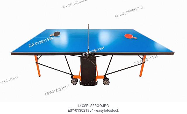 Table tennis table for the game. Racket and ball on it. On a white background