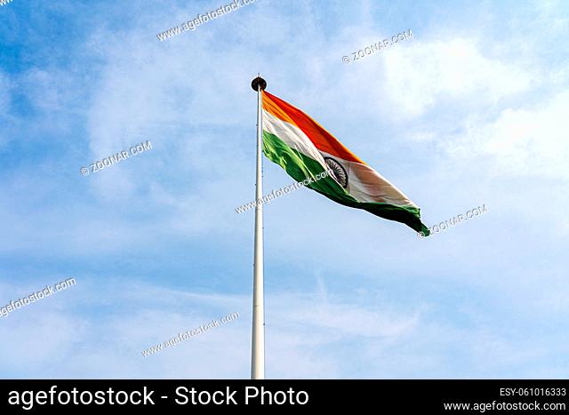 New Delhi, India - December 4, 2019: Big flagpole with the Indian Flag in Central Park