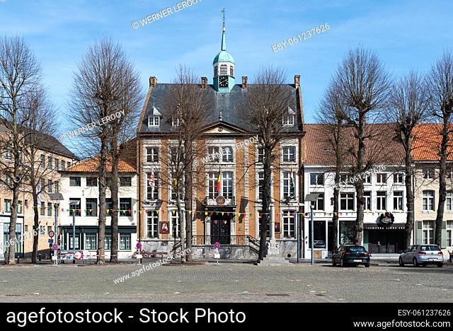 Maaseik, Limburg, Belgium - 04 12 2022 - Terraces and historical buildings at the old market square