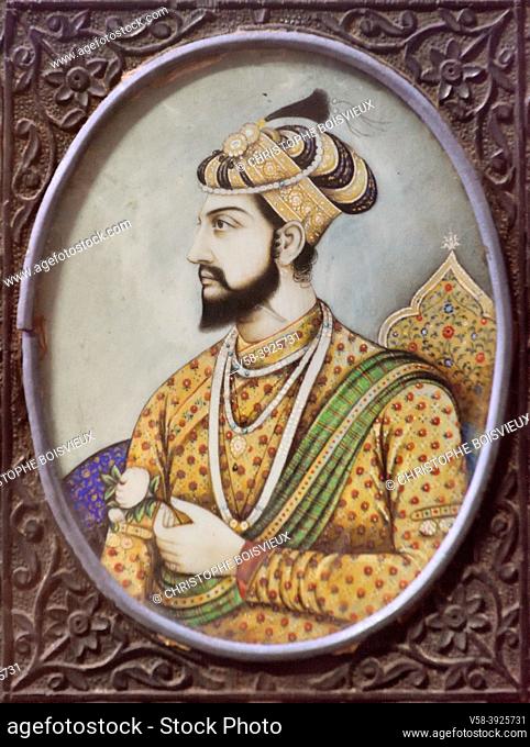 India, Uttar Pradesh, Unesco World Heritage Site, Agra, Taj museum, Portrait of emperor Shah Jahan painted on ivory (17th C)
