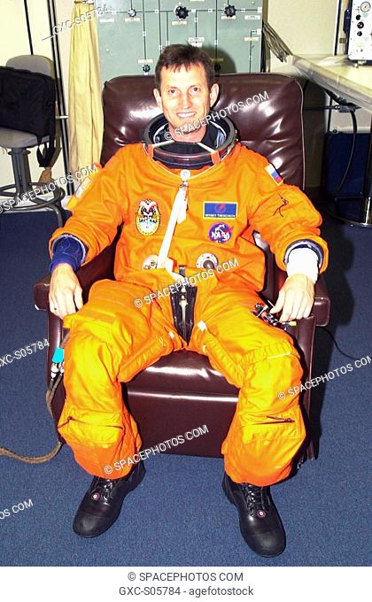 06/05/2002 - Expedition 5 cosmonaut Sergei Treschev suits up for the second launch attempt aboard Space Shuttle Endeavour on mission STS-111 to the...