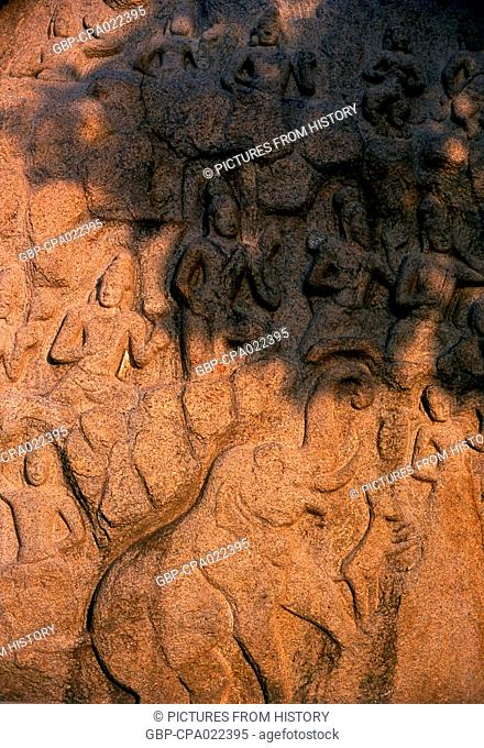 India: A rock-cut relief from the 7th century CE, Mahabalipuram, Tamil Nadu State