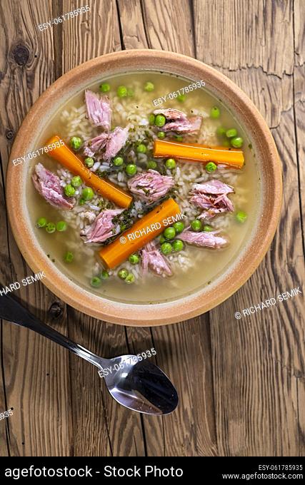 smoked meat soup with vegetables and rice