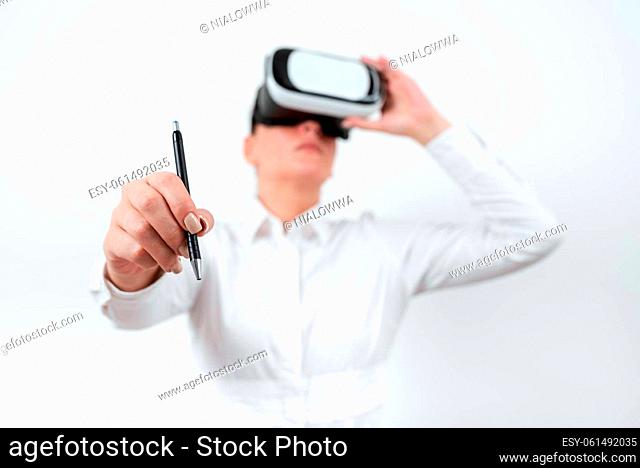 Woman Wearing Vr Glasses And Pointing On Recent Updates With Pen