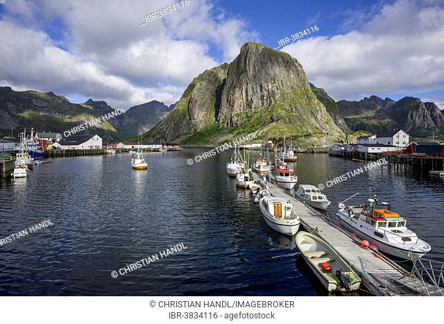 Protected harbour with fishing boats, Hamnøya, Lofoten, Nordland, Norway