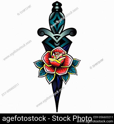 Traditional tattoo with rose flowers and dagger knife. Colorful Tattoo,  Vecteur de Stock, Vecteur et Image Low Budget Royalty Free. Photo  ESY-056603211 | agefotostock