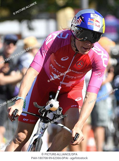 8 July 2018, Frankfurt/Main, Germany: Daniela Ryf from Switzerland riding her bike in the second round during the Ironman European Championships