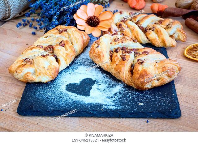 marple and pecan plait pastry sweet food breakfast with heart sign and lavender flowers
