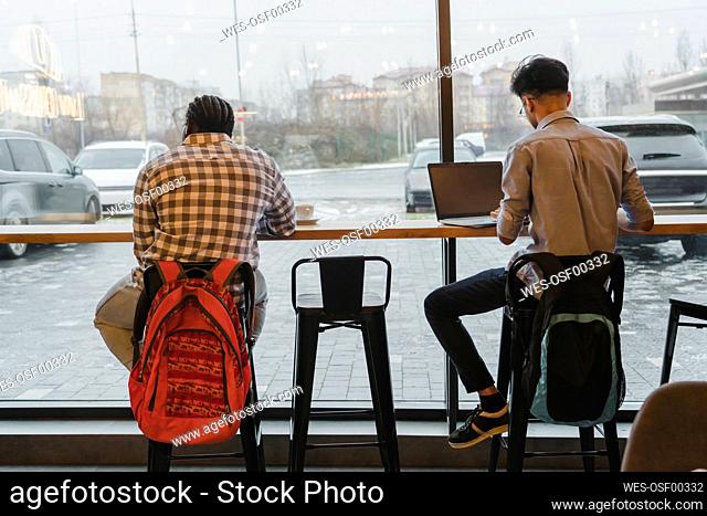 Young freelancers working at table in cafe