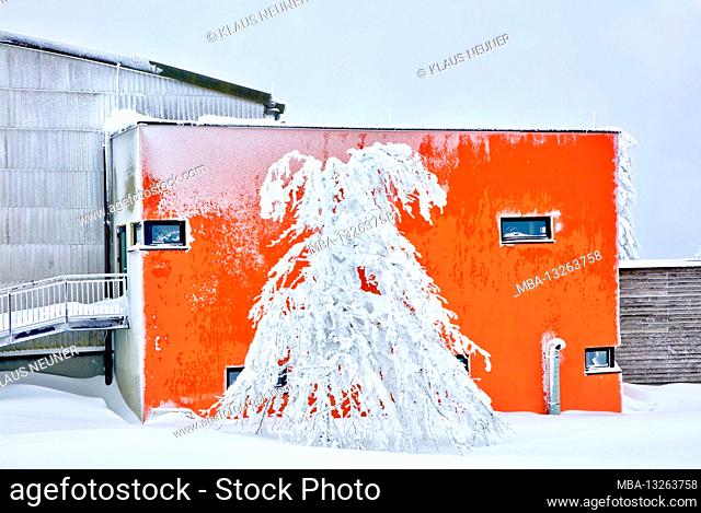 German glider museum, Wasserkuppe, winter, house facade, architecture, iced up, frost, snow, Rhoen, Hesse, Germany, Europe