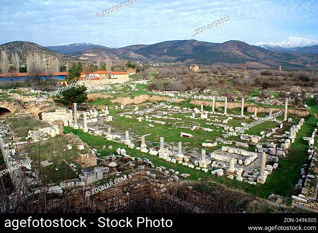 Ruins and mountain with snow in Aphrodisias, Turkey