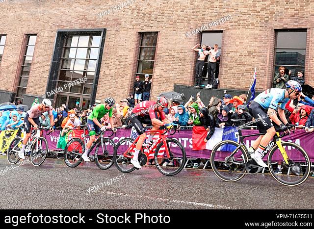 Dutch Mathieu van der Poel, Slovenian Tadej Pogacar, Danish Mads Pedersen and Belgian Wout van Aert pictured in action during the men elite road race at the UCI...