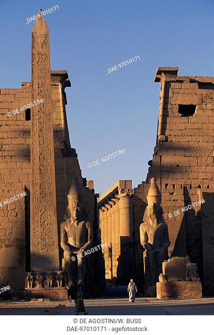 First Pylon and obelisk of the Temple of Amun, Theban Necropolis (UNESCO World Heritage List, 1979), Luxor, Egypt. Egyptian civilisation, New Kingdom