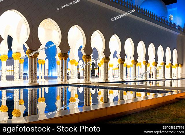 ABU DHABHI, UAE - MAR 8: View of the grand Sheikh Zayed mosque at Abu Dhabi, which is the pride of the gulf region