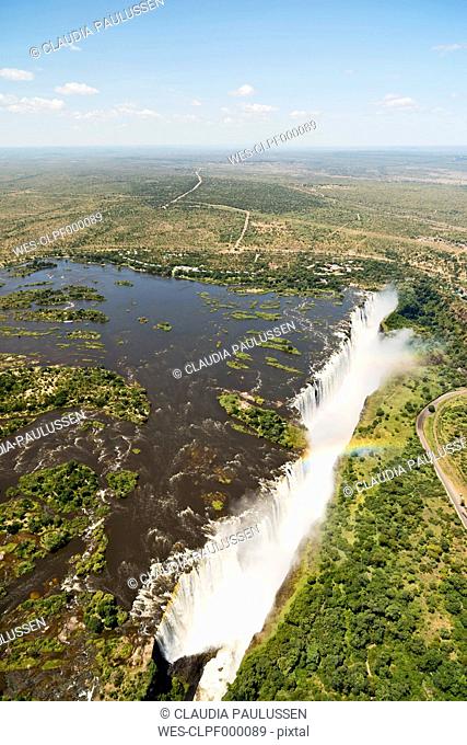 Border of Zimbabwe and Zambia, aerial view of Victoria Falls