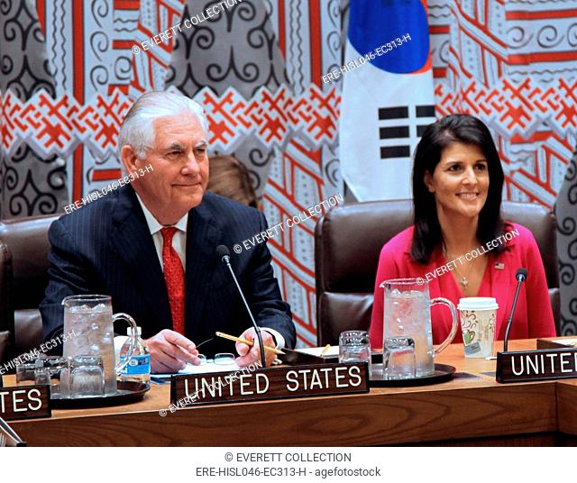 US Secretary Tillerson and UN Ambassador Nikki Haley meet with East Asian allies, April 28, 2017. At the United Nations, New York City (BSLOC-2017-18-131)