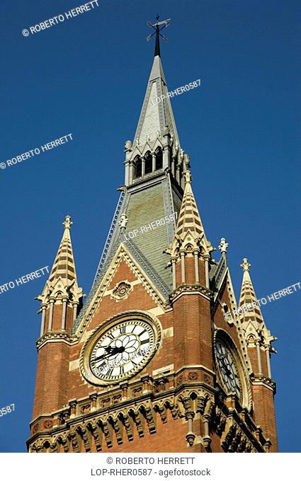 England, London, Kings Cross, The top of the clock tower on the refurbished St Pancras International Railway Station