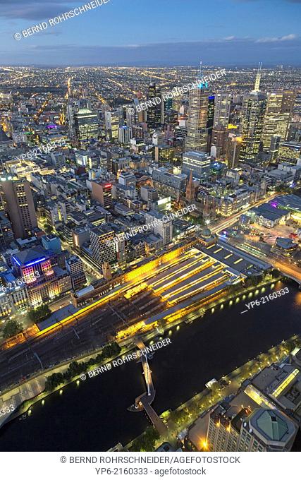 skyline and Yarra River at night seen from Eureka Tower, Melbourne, Victoria, Australia