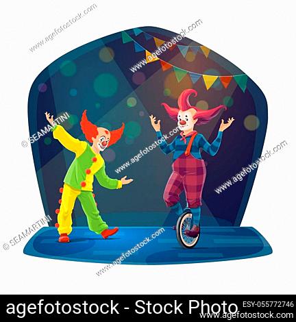 Circus clown cartoon characters on chapiteau big top arena. Vector carnival joker and jester performing comedy show with costumes, fake noses