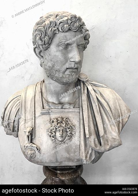 Bust of Hadrian. White marble from Asia Minore. The Uffizi Gallery is a prominent art museum located adjacent to the Piazza della Signoria in the Historic...